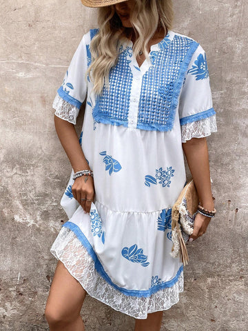 Women Lace Trim Casual Graphic Summer Dress