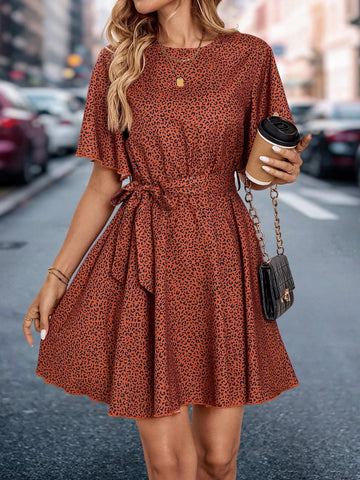 Women Leopard Print Round Neck Short Sleeve Casual Loose Mini Dress