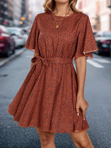 Women Leopard Print Round Neck Short Sleeve Casual Loose Mini Dress