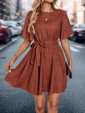 Women Leopard Print Round Neck Short Sleeve Casual Loose Mini Dress