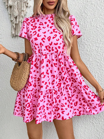 Women Leopard Print Ruffle Hem Vacation/Casual Dress