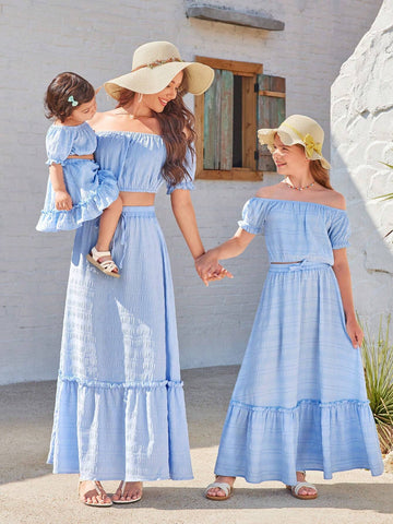 Women Off-Shoulder Puff Sleeve Fashion Holiday Matching Top And Skirt Set