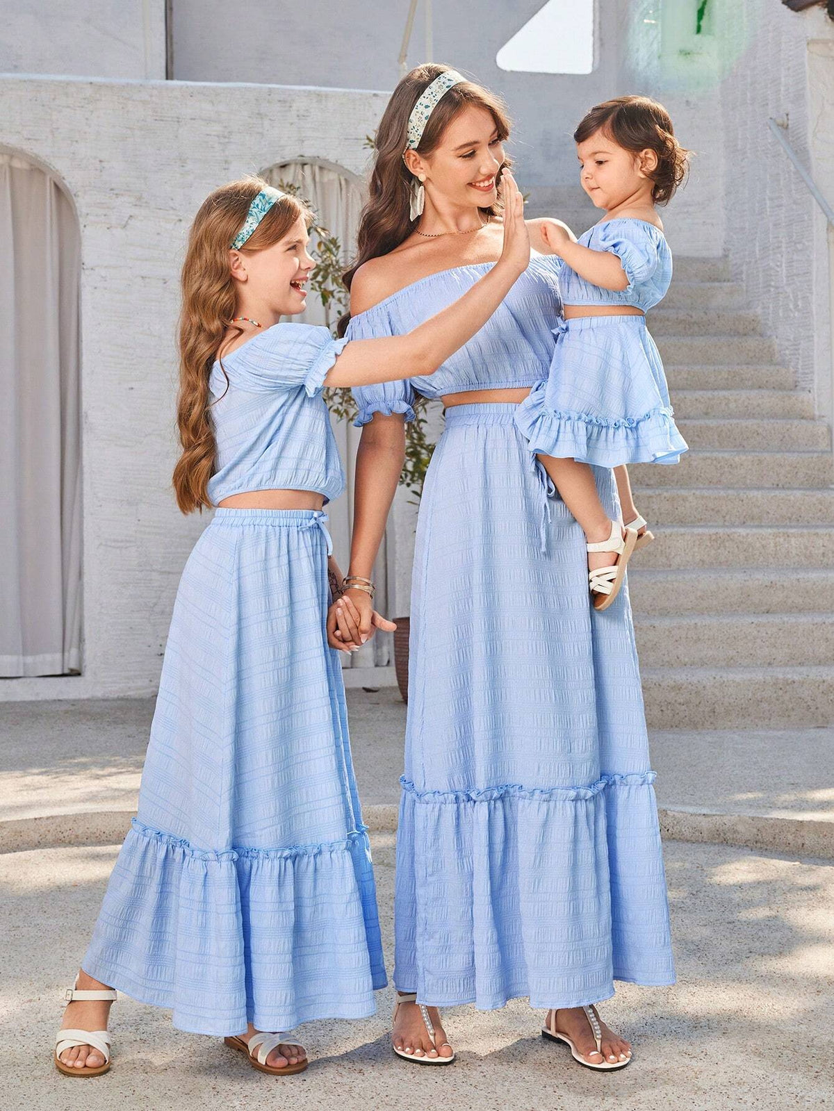 Women Off-Shoulder Puff Sleeve Fashion Holiday Matching Top And Skirt Set