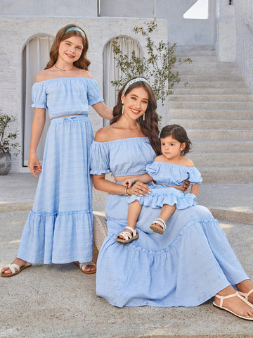 Women Off-Shoulder Puff Sleeve Fashion Holiday Matching Top And Skirt Set