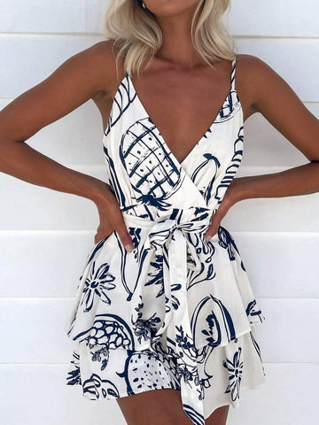 Women Pineapple Print Vacation Style Casual Overlapping Collar Sleeveless Jumpsuit Shorts