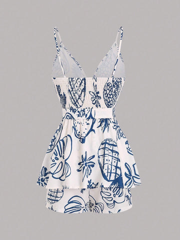 Women Pineapple Print Vacation Style Casual Overlapping Collar Sleeveless Jumpsuit Shorts