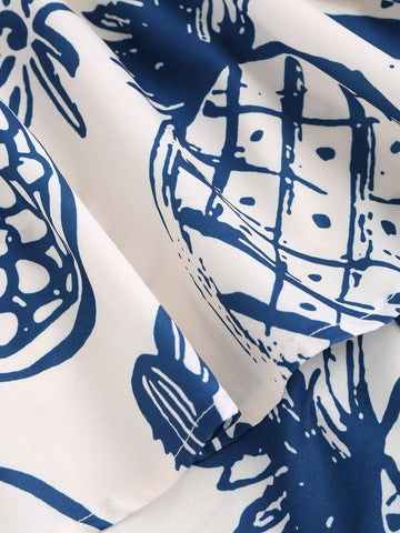 Women Pineapple Print Vacation Style Casual Overlapping Collar Sleeveless Jumpsuit Shorts