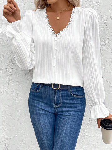 VCAY Women Plain Front Button Long Sleeve Minimalist Casual Top For Everyday Wear