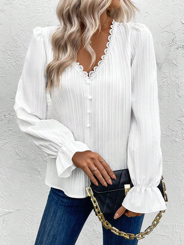 VCAY Women Plain Front Button Long Sleeve Minimalist Casual Top For Everyday Wear