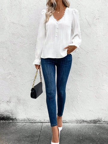 VCAY Women Plain Front Button Long Sleeve Minimalist Casual Top For Everyday Wear