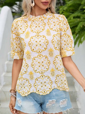 VCAY Women Random Floral Embroidery Short Sleeve Shirt
