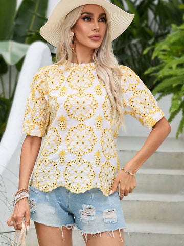 VCAY Women Random Floral Embroidery Short Sleeve Shirt