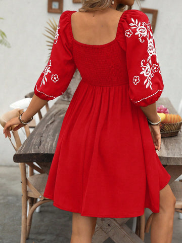 Women Rose Floral Butterfly Embroidery Sweetheart Neck Long Sleeve Casual Vacation Dress,