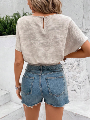 VCAY Women Round Neck Solid Color Waist-Tie Batwing Short Sleeve Shirt For Spring/Summer