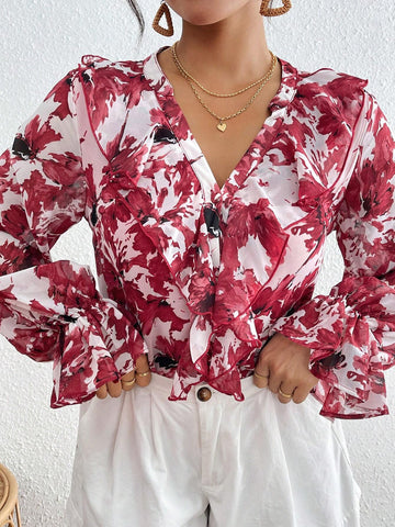 VCAY Women Ruffle Hem Floral All Over Print Long Sleeve Blouse, Casual Everyday Wear