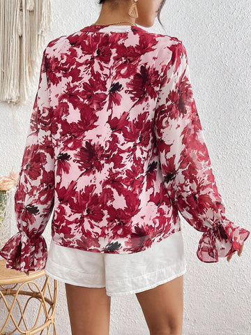 VCAY Women Ruffle Hem Floral All Over Print Long Sleeve Blouse, Casual Everyday Wear