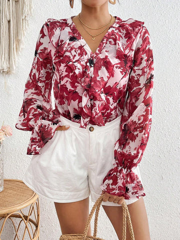 VCAY Women Ruffle Hem Floral All Over Print Long Sleeve Blouse, Casual Everyday Wear