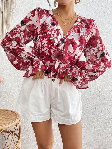 VCAY Women Ruffle Hem Floral All Over Print Long Sleeve Blouse, Casual Everyday Wear