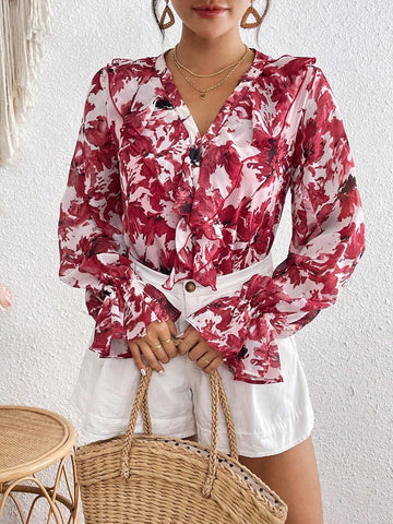 VCAY Women Ruffle Hem Floral All Over Print Long Sleeve Blouse, Casual Everyday Wear