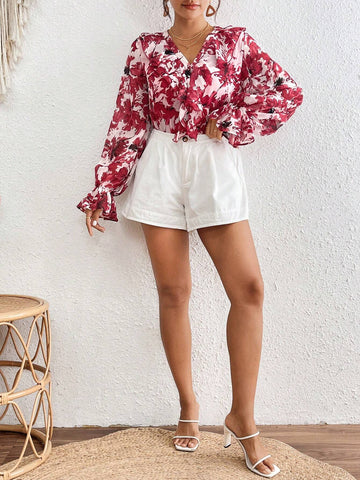 VCAY Women Ruffle Hem Floral All Over Print Long Sleeve Blouse, Casual Everyday Wear