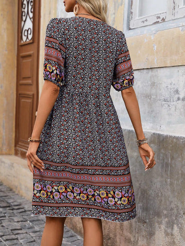 Women Short Puff Sleeve Dress With Floral Print, Button Decoration And Vacation Style For Summer