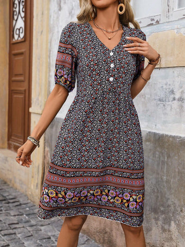 Women Short Puff Sleeve Dress With Floral Print, Button Decoration And Vacation Style For Summer