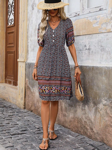 Women Short Puff Sleeve Dress With Floral Print, Button Decoration And Vacation Style For Summer