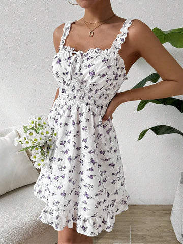 Women Shoulder Strap Ruffle Waist Drawstring Floral Print Vacation Cami Dress