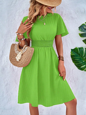 Women Simple Solid Color Ruffled Sleeve Dress