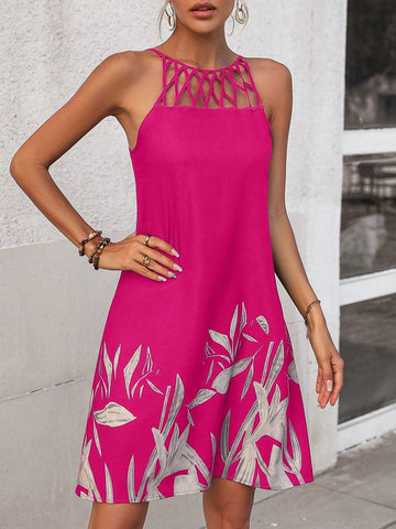 Women Sleeveless Hollow Out Casual Mini Print Dress, Random Print