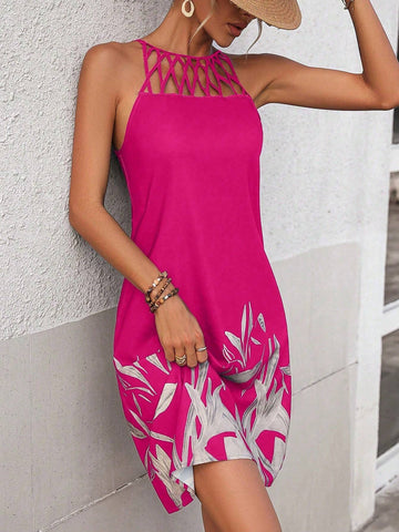 Women Sleeveless Hollow Out Casual Mini Print Dress, Random Print