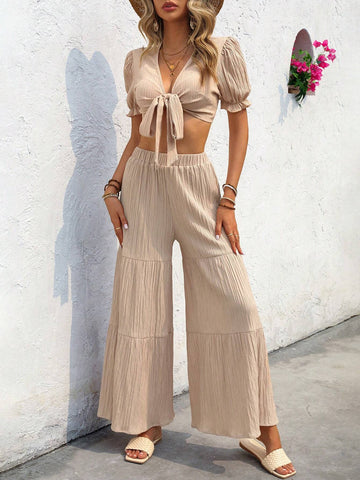Women Solid Color Front Knot Short Bubble Sleeve Top And Wide Leg Pants Loose Holiday Outfit For Summer
