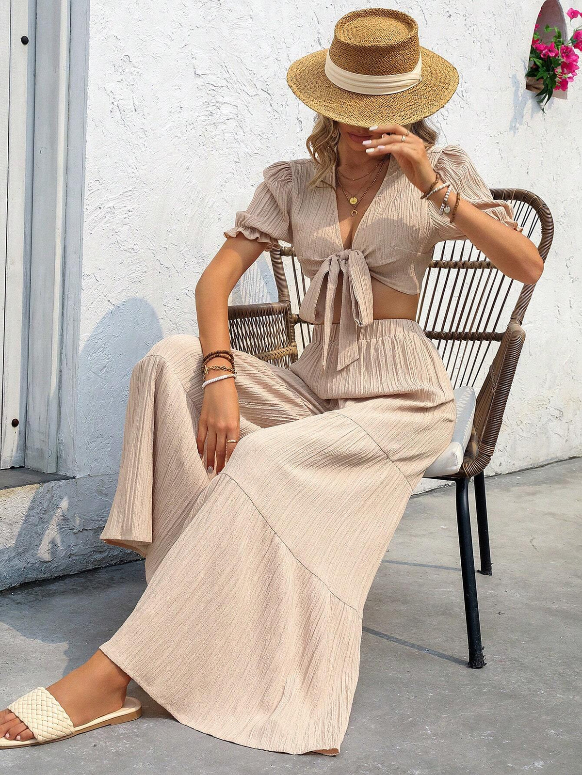 Women Solid Color Front Knot Short Bubble Sleeve Top And Wide Leg Pants Loose Holiday Outfit For Summer