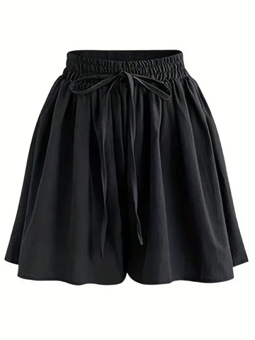 VCAY Women Solid Color High Waist Tie Waist Wide Leg Casual Shorts