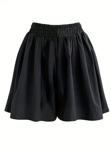 VCAY Women Solid Color High Waist Tie Waist Wide Leg Casual Shorts