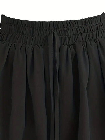 VCAY Women Solid Color High Waist Tie Waist Wide Leg Casual Shorts