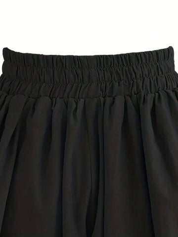 VCAY Women Solid Color High Waist Tie Waist Wide Leg Casual Shorts