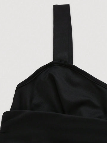 Women Solid Color Pleated Strap One Piece Swimsuit For Vacation, Beach Or Pool