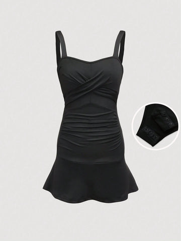 Women Solid Color Pleated Strap One Piece Swimsuit For Vacation, Beach Or Pool