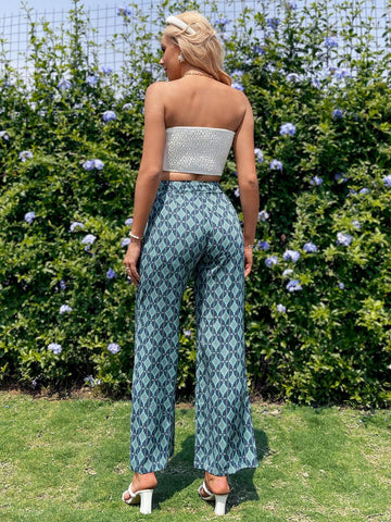 Women Solid Color Ruffle Strapless Top And Retro Patterned Long Pants Two Piece Set