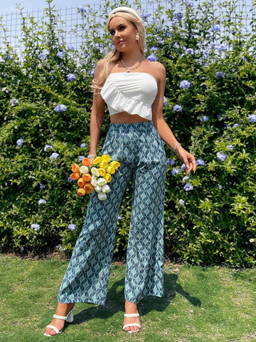 Women Solid Color Ruffle Strapless Top And Retro Patterned Long Pants Two Piece Set
