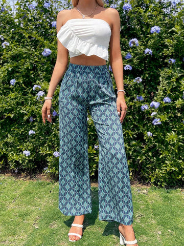 Women Solid Color Ruffle Strapless Top And Retro Patterned Long Pants Two Piece Set