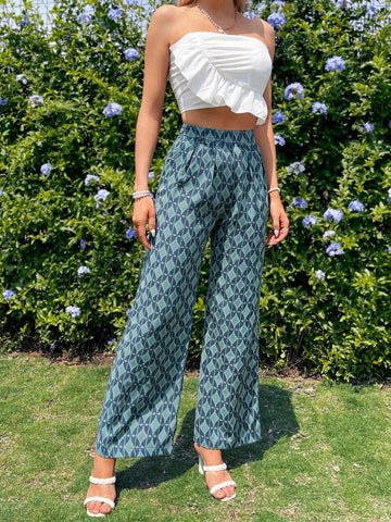 Women Solid Color Ruffle Strapless Top And Retro Patterned Long Pants Two Piece Set