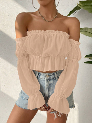 VCAY Women Solid Color Simple Off-Shoulder Lotus Leaf Sleeve Shirt