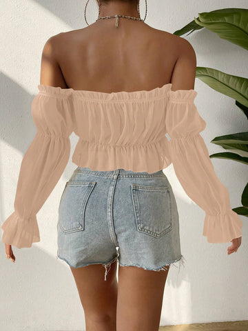 VCAY Women Solid Color Simple Off-Shoulder Lotus Leaf Sleeve Shirt