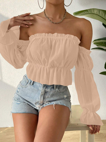 VCAY Women Solid Color Simple Off-Shoulder Lotus Leaf Sleeve Shirt