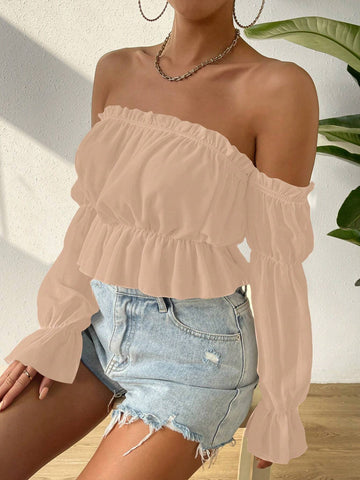 VCAY Women Solid Color Simple Off-Shoulder Lotus Leaf Sleeve Shirt