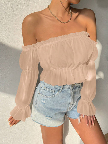 VCAY Women Solid Color Simple Off-Shoulder Lotus Leaf Sleeve Shirt