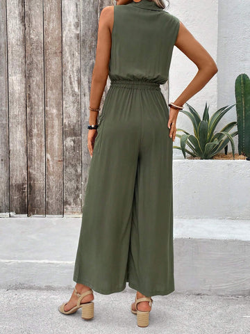 Women Solid Color Sleeveless Jumpsuit With Waist Tie And Wide-Leg Design For Vacation