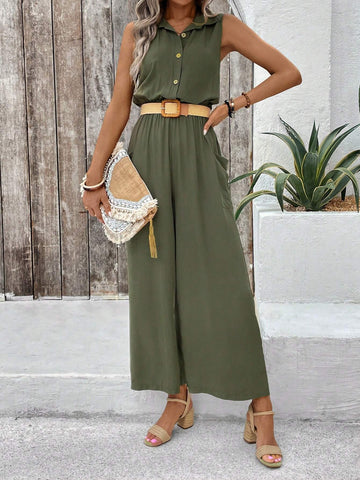 Women Solid Color Sleeveless Jumpsuit With Waist Tie And Wide-Leg Design For Vacation